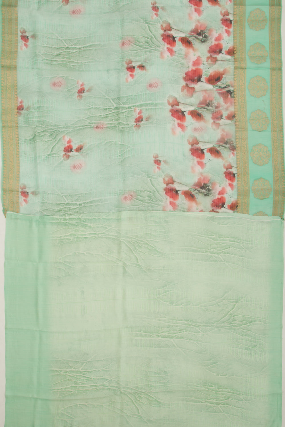 Organza Lines And Floral Printed Sea Green Saree