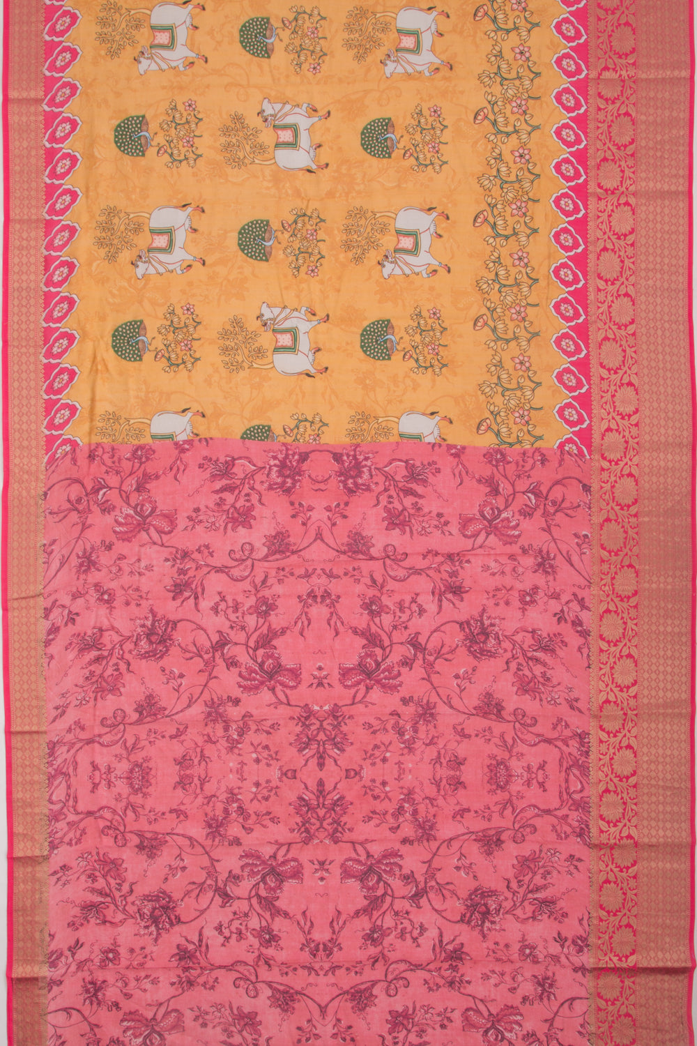 Chanderi Silk Pichwai Printed Mustard Yellow Saree