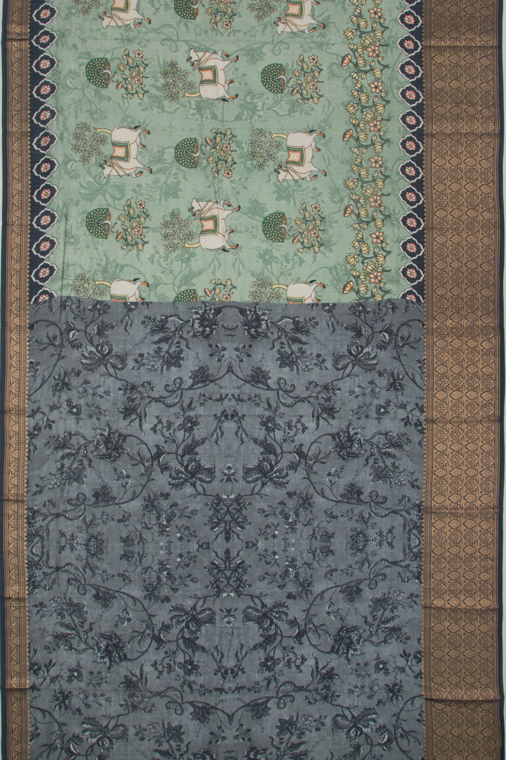 Chanderi Silk Pichwai Printed Green Saree