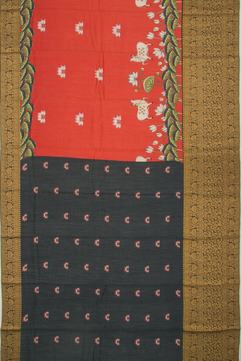 Chanderi Silk Pichwai Printed Brick Red Saree