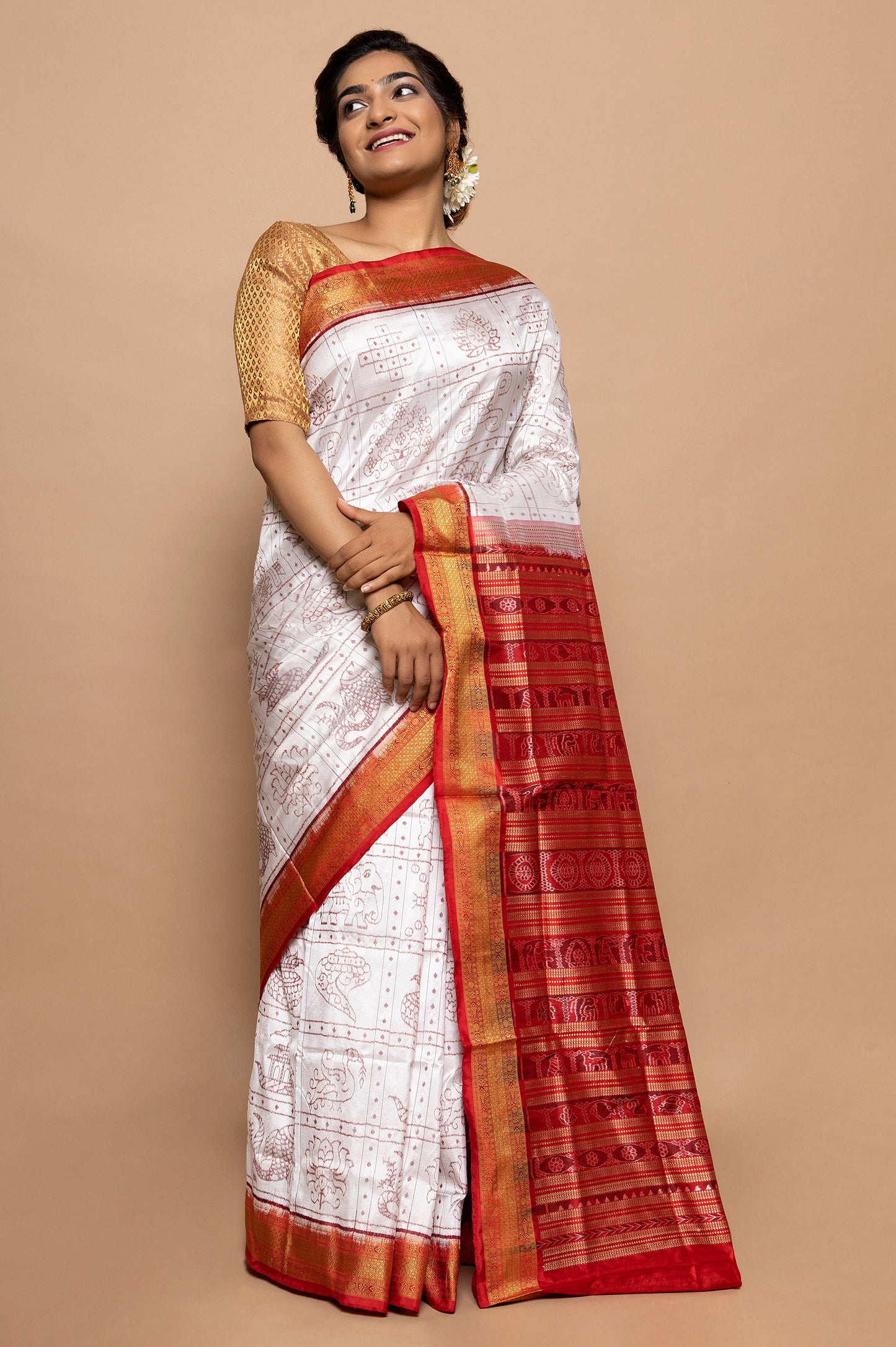 Sambalpuri Silk Ikat White Saree