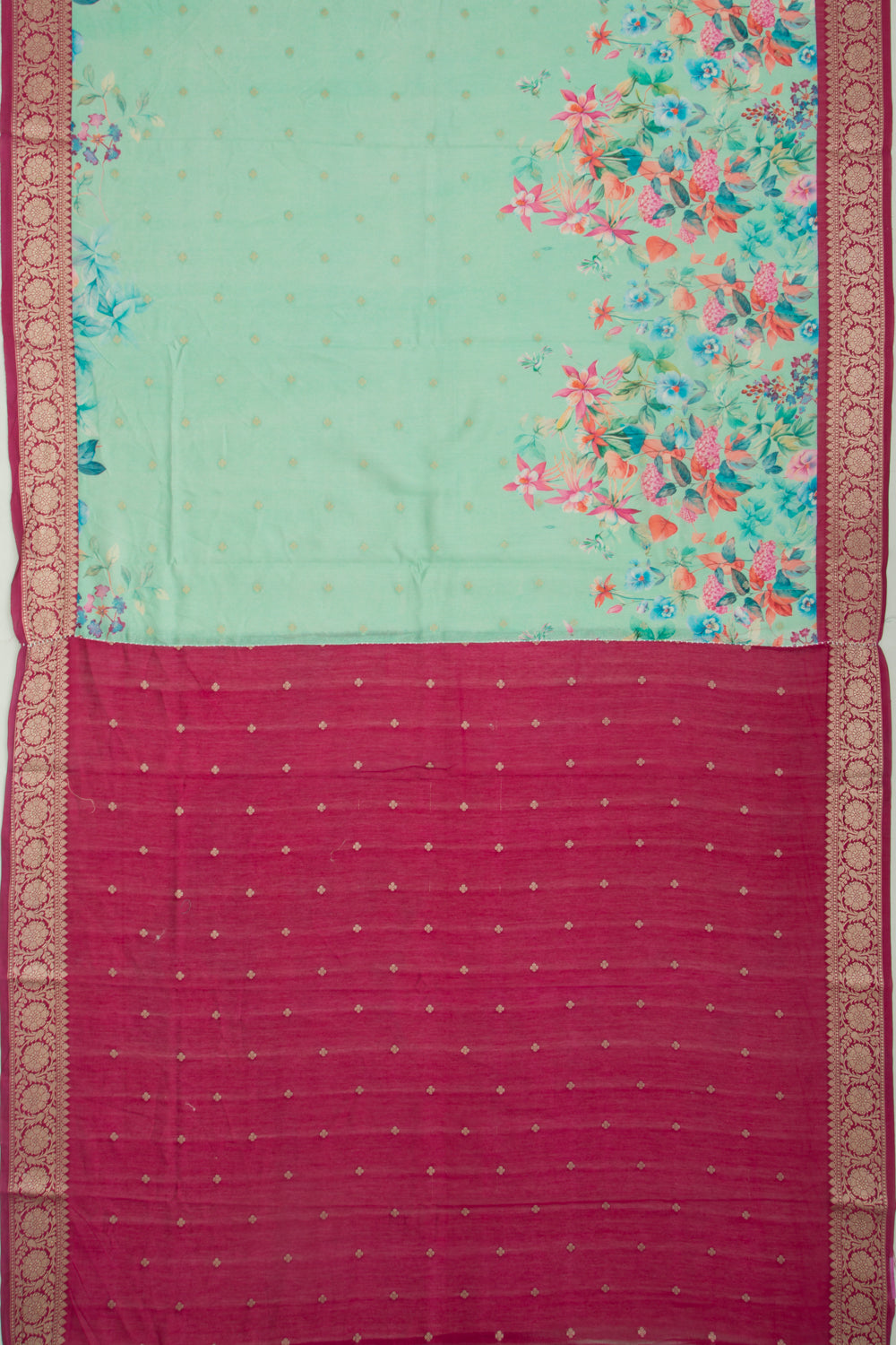 Chanderi Silk Butta And Floral Printed Sea Green Saree