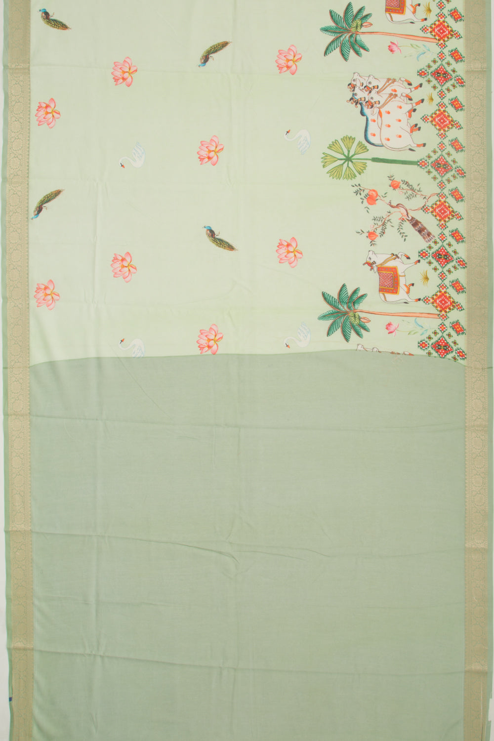 Chanderi Silk Pichwai Printed Green Saree