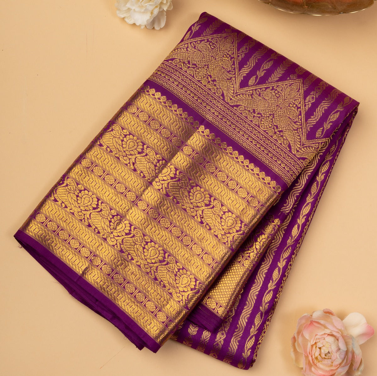 Kanchipuram Silk Vertical Brocade Purple Saree