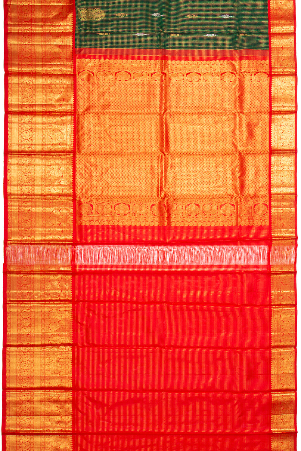 Kanchipuram Silk Checks And Butta Dark Green Saree