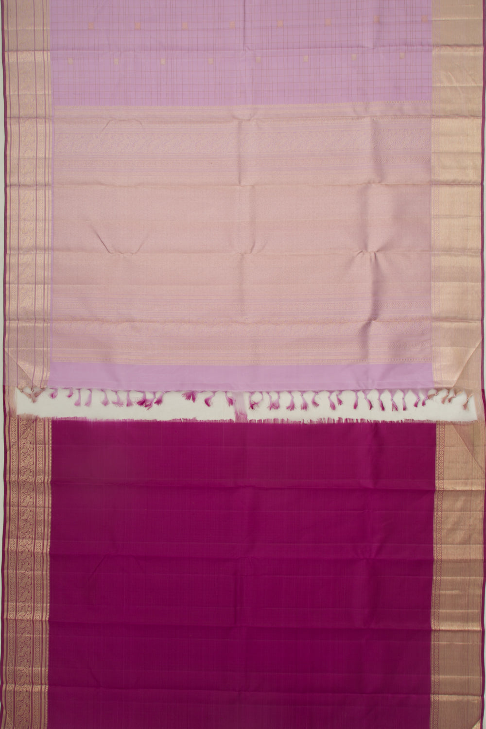 Kanchipuram Silk Checks And Butta Lavender Saree