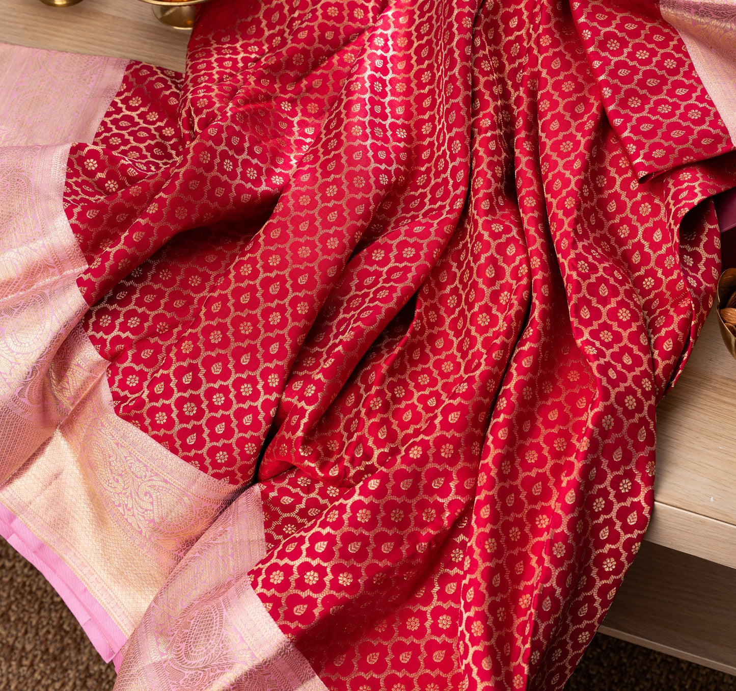 Kanchipuram Silk Brocade Red Saree With Rakhi And Gift Box