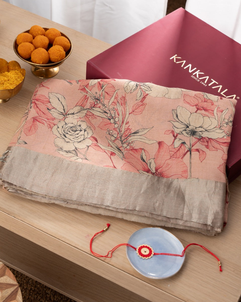 Tussar Floral Printed Peach Saree