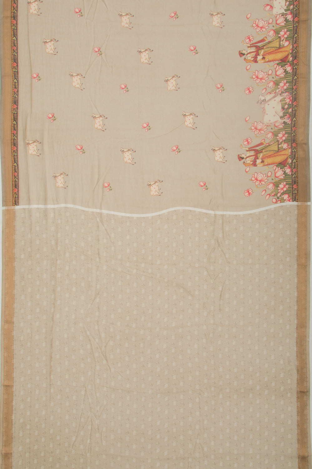 Chanderi Silk Pichwai Printed Cream Saree