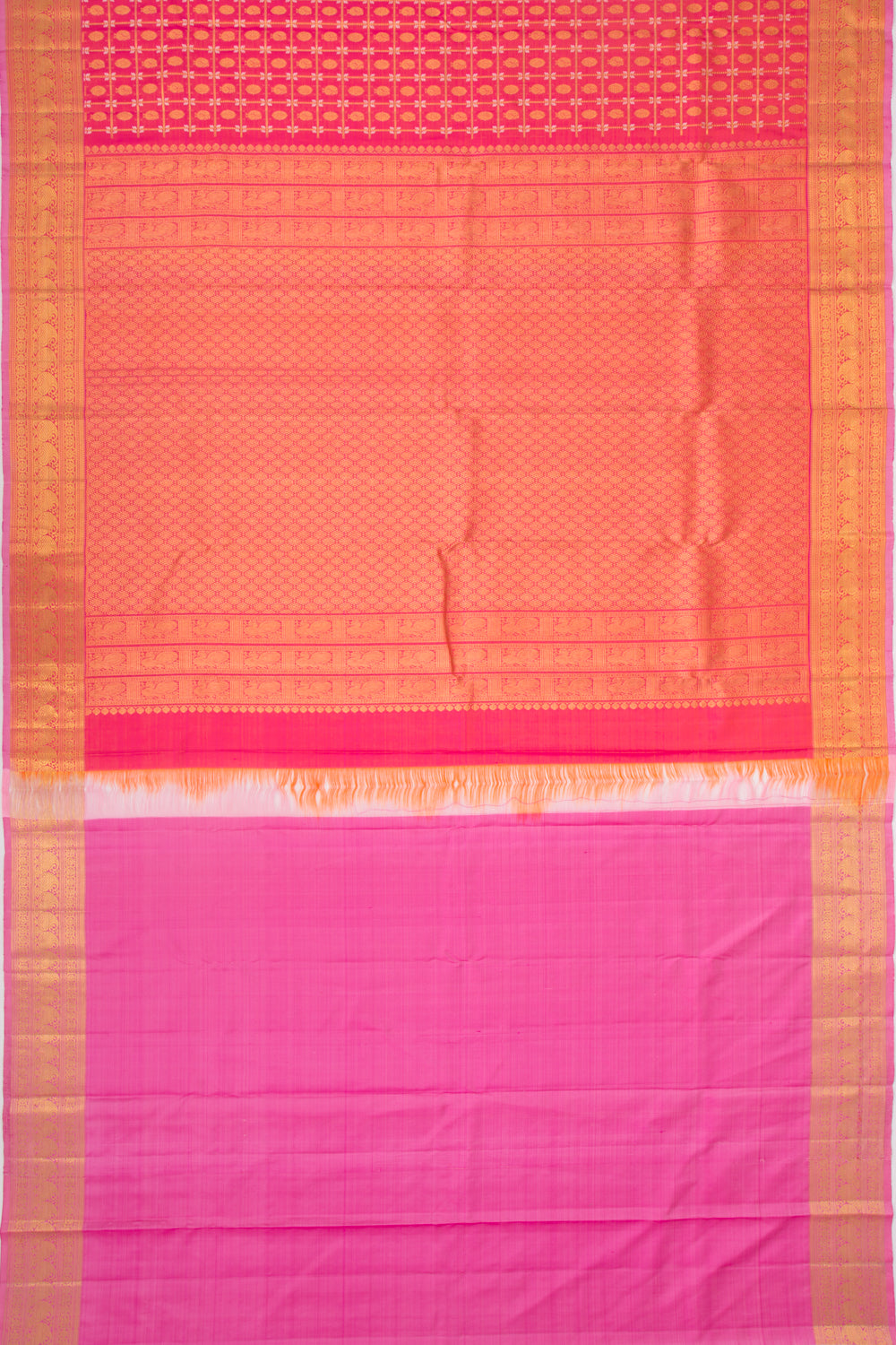 Kanchipuram Silk Checks And Butta Dual Tone Pink And Orange Saree