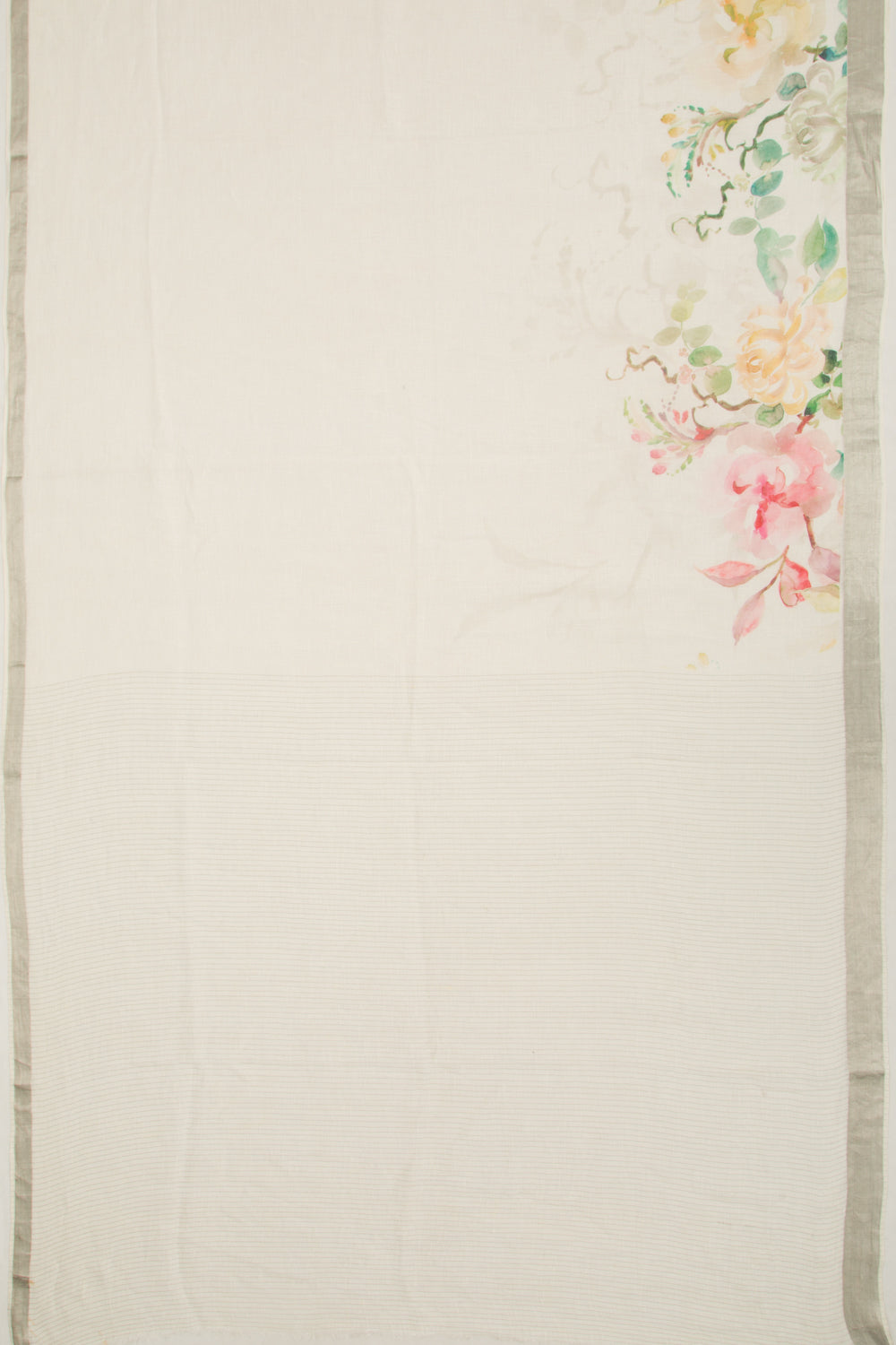 Linen Floral Printed White Saree