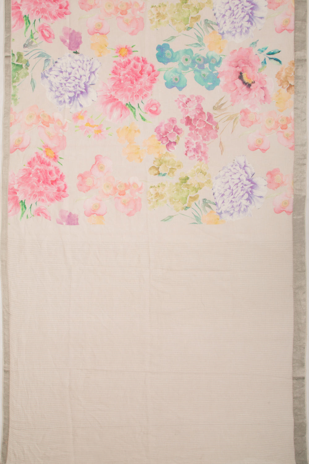 Linen Floral Printed Off White Saree