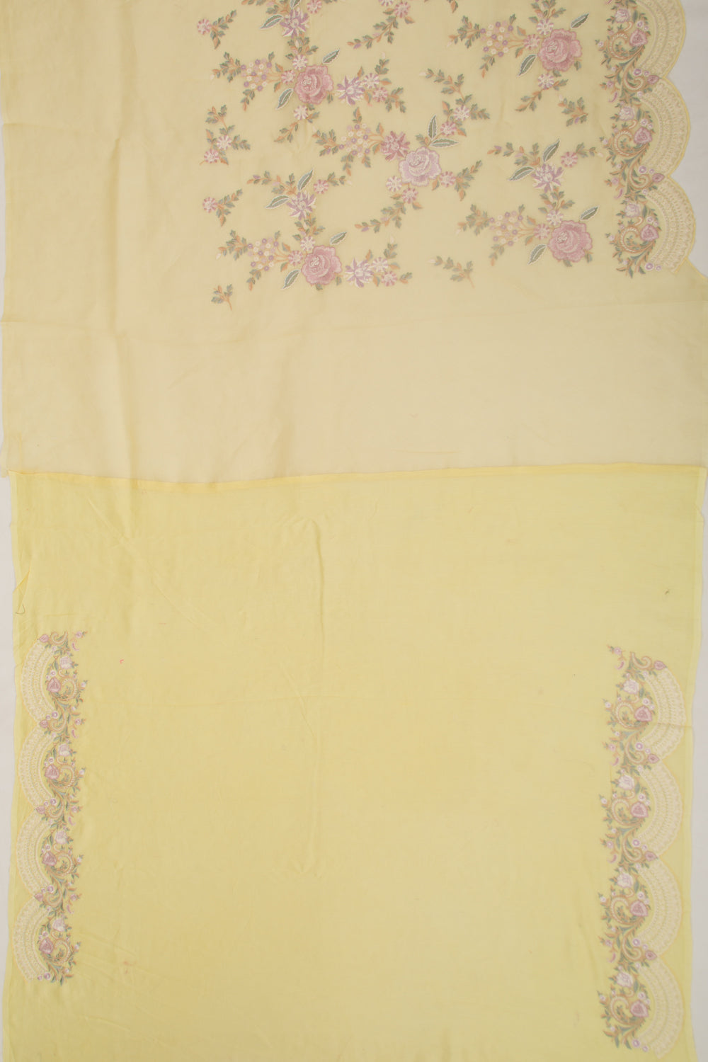 Organza Floral Embroidery Lemon Yellow Saree With Scallop Border