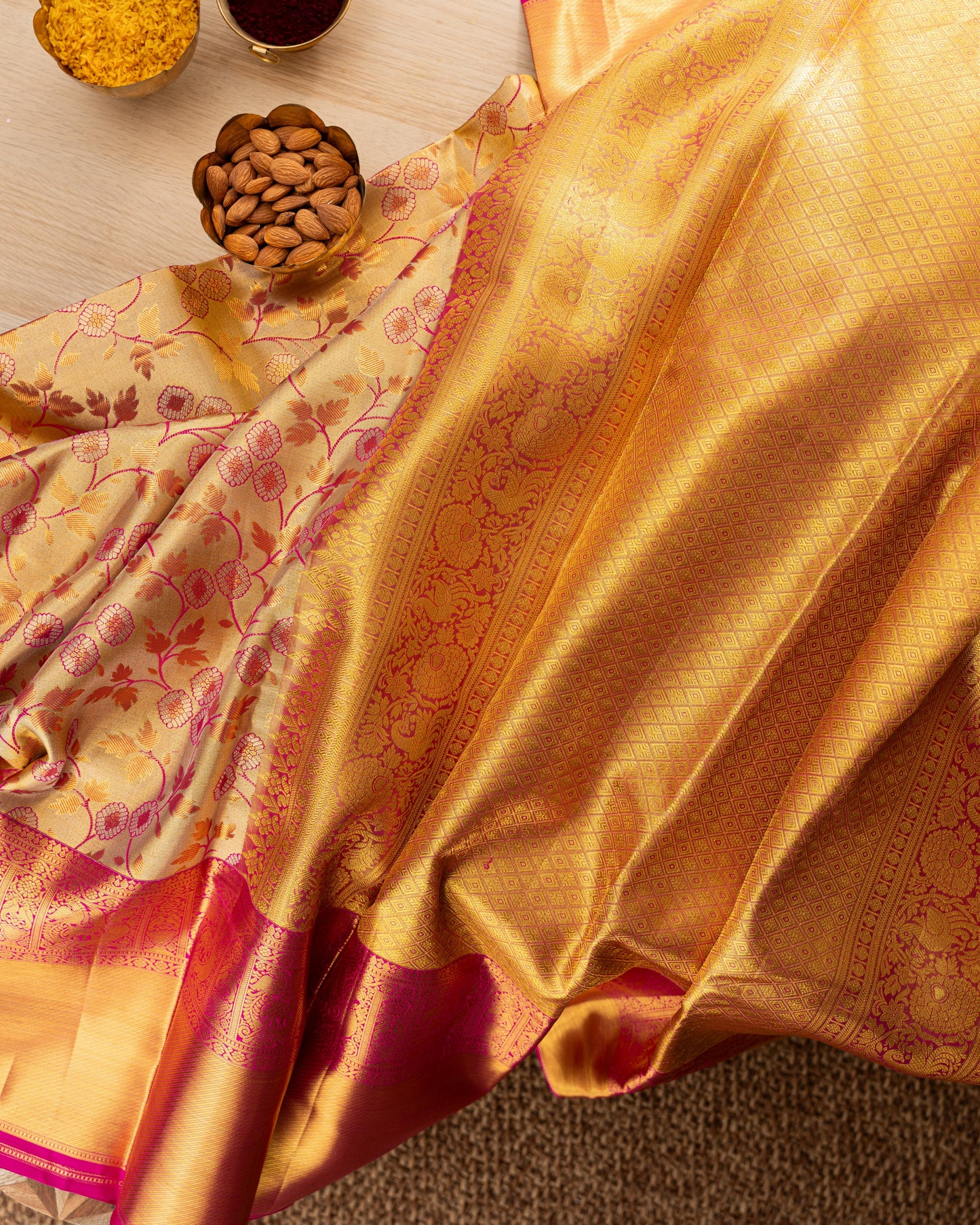 Taranga Kanchi Silk Jaal Tissue Gold Saree With Rakhi and Gift Box