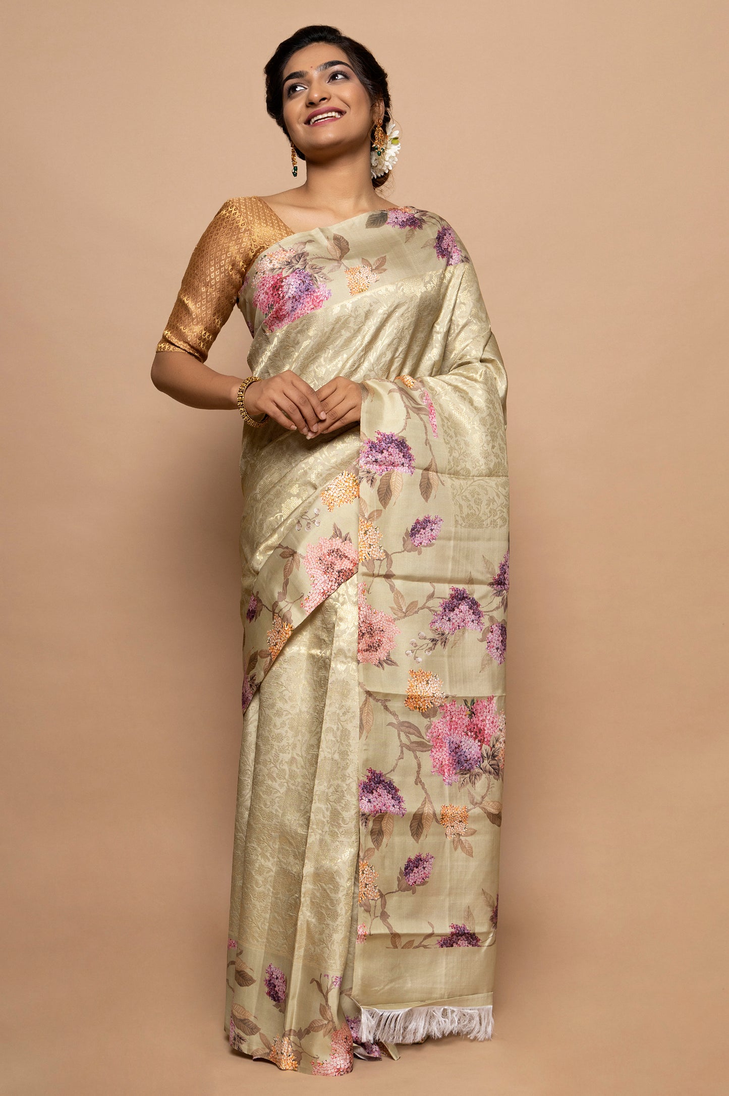 Kanchipuram Silk Jaal Cream Saree With Floral Satin Border