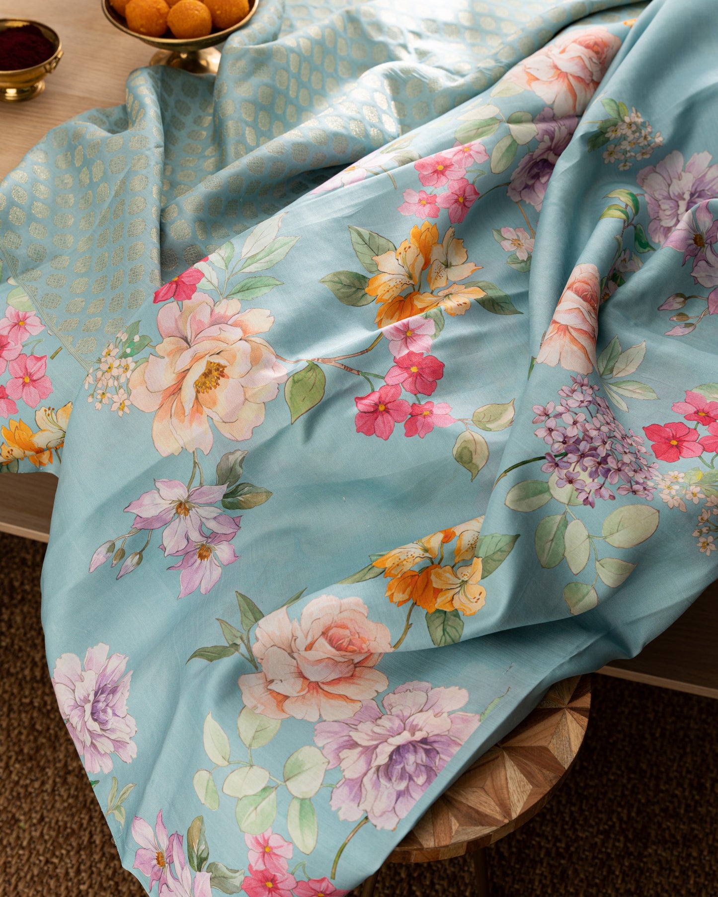 Kanchipuram Silk Brocade Blue Saree With Floral Print Border With Rakhi And Gift Box