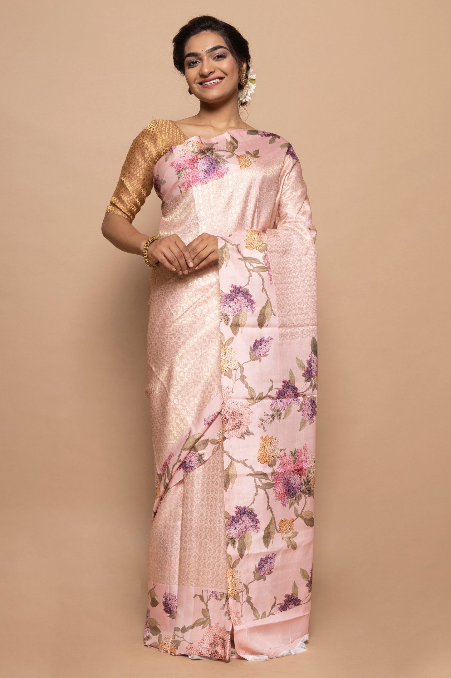 Kanchipuram Silk Jaal Baby Pink Saree With Floral Satin Border