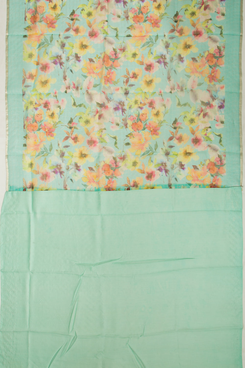 Organza Checks And Floral Printed Green Saree