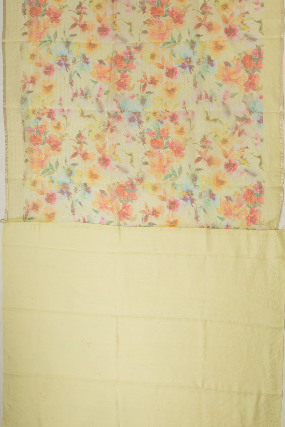 Organza Checks And Floral Printed Yellow Saree