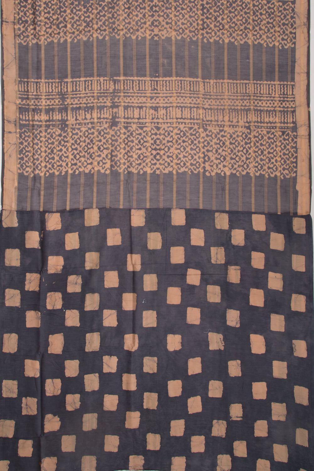 Chanderi Silk Batik Printed And Lines Black And Cream Saree