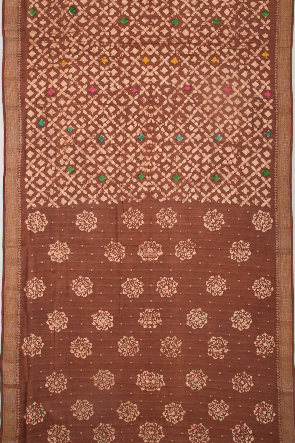 Chanderi Silk Batik Printed And Butta Brown Saree