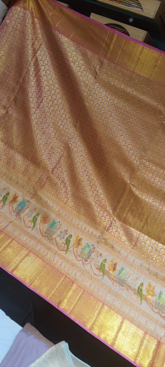 Kanchipuram Silk Tissue Brocade Pink And Orange Saree
