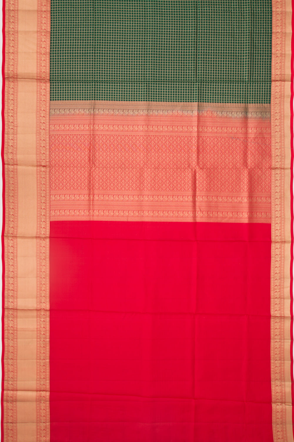Taranga Kanchi Silk Checks Bottle Green Saree