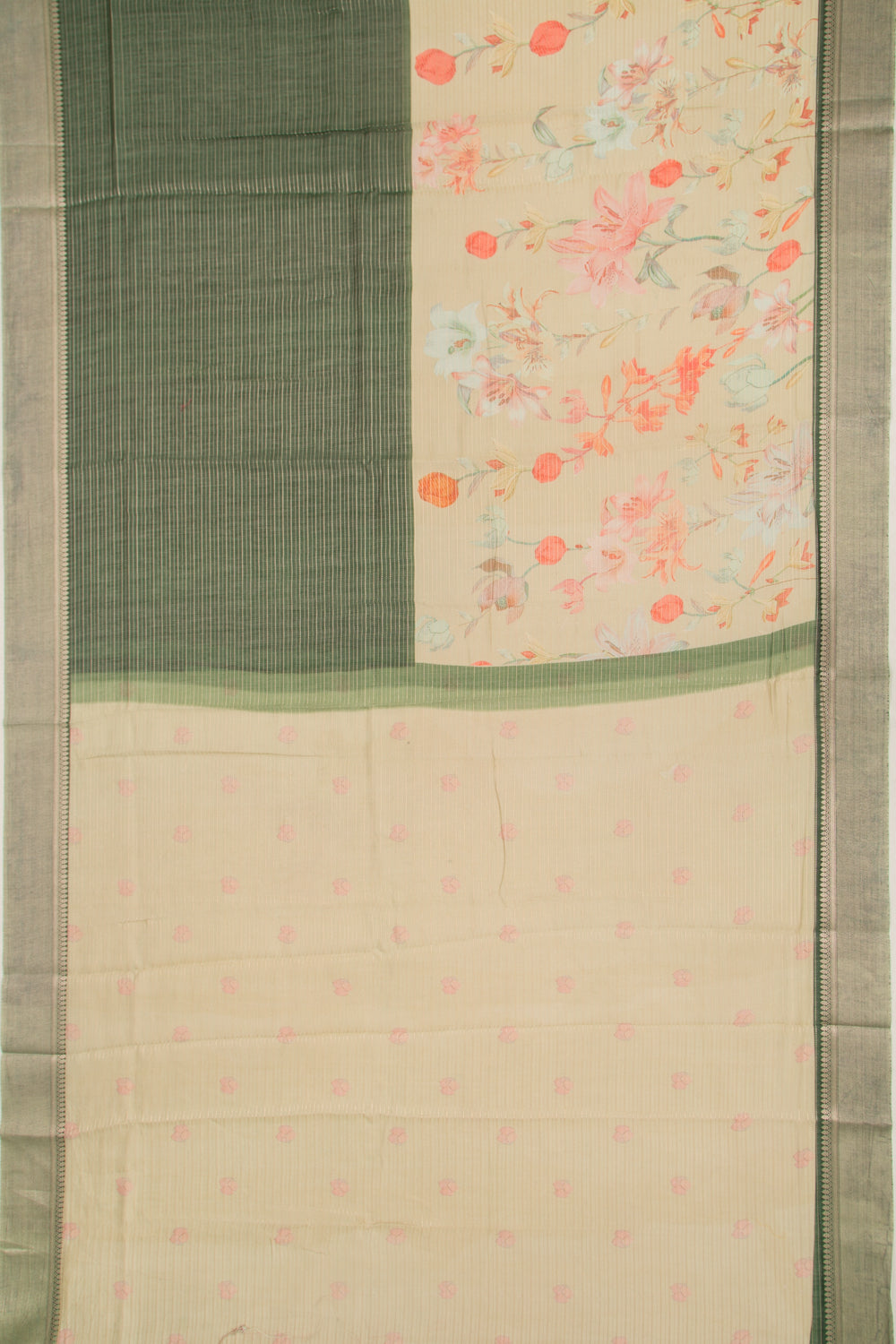 Chanderi Silk Half-n-Half Green And Cream Saree