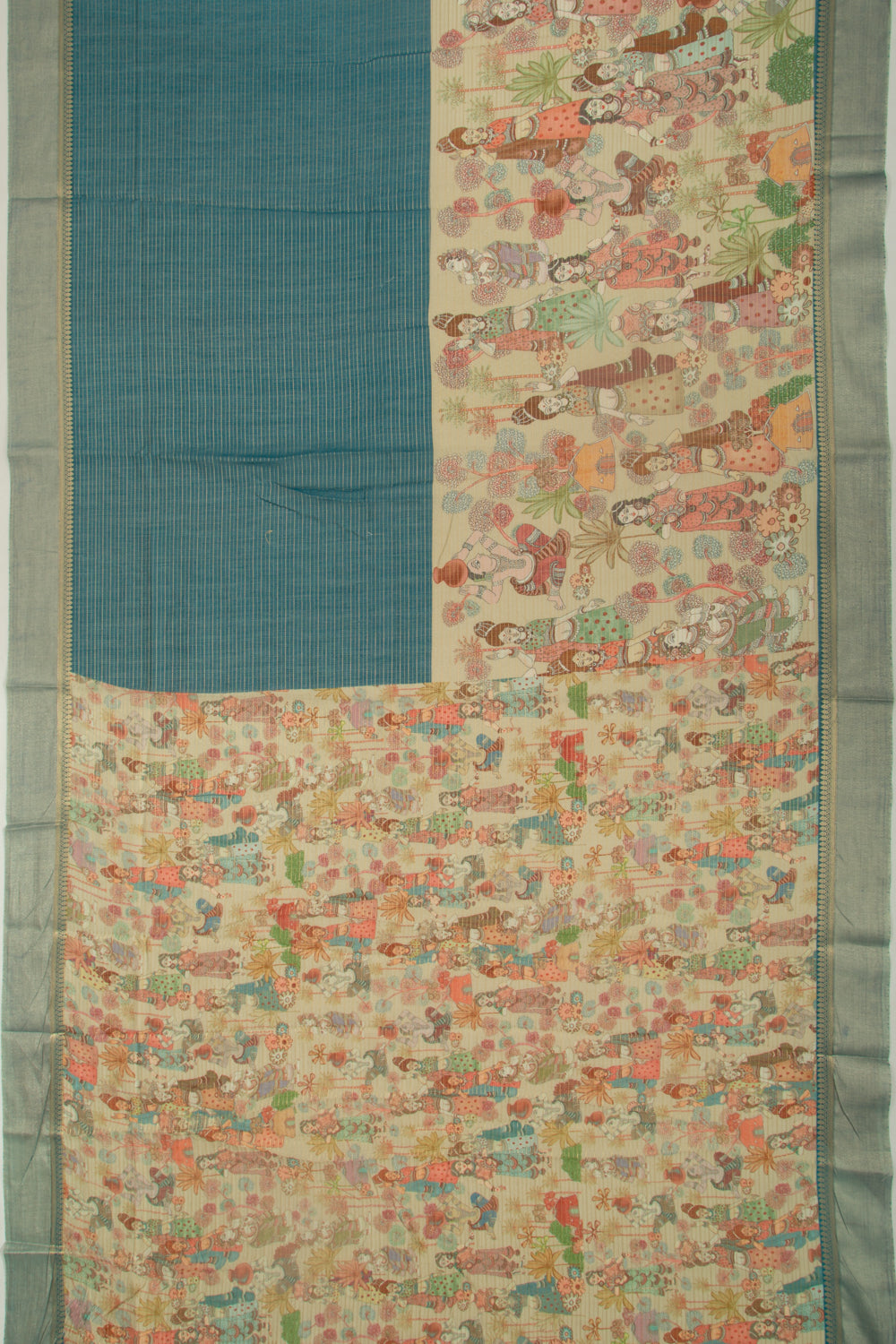 Chanderi Silk Half-n-Half Teal Blue And Cream Saree