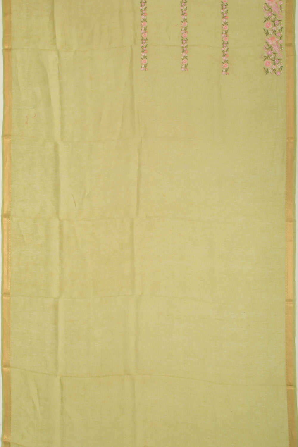 Linen Floral Embroidery Lines Green Saree