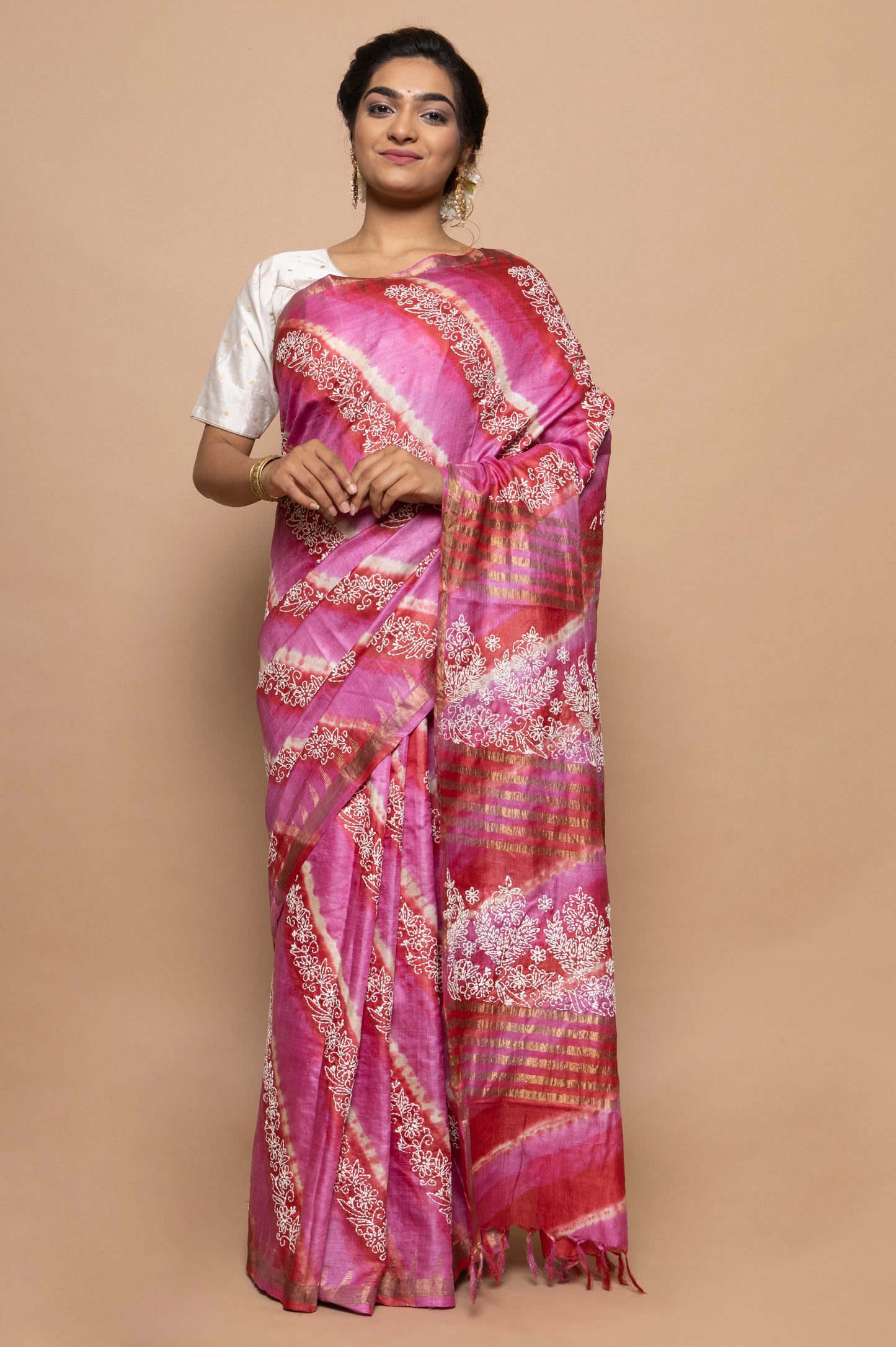 Tussar Batik Printed Pink Saree