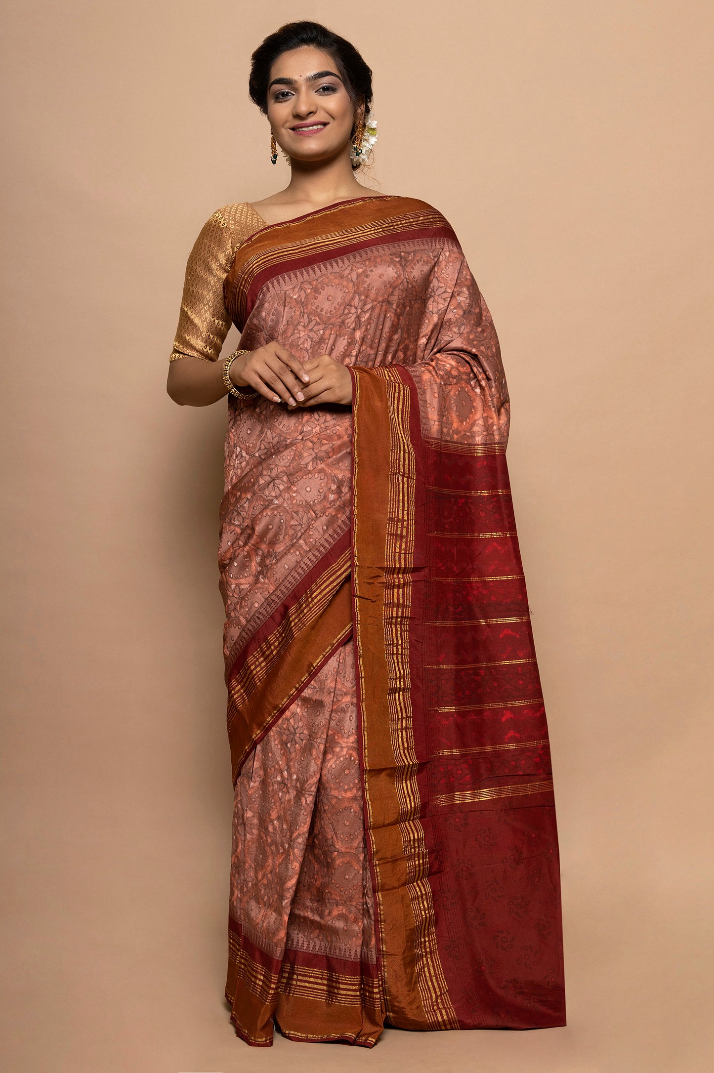 Bangalore Silk Kadiyal Printed Orange Saree