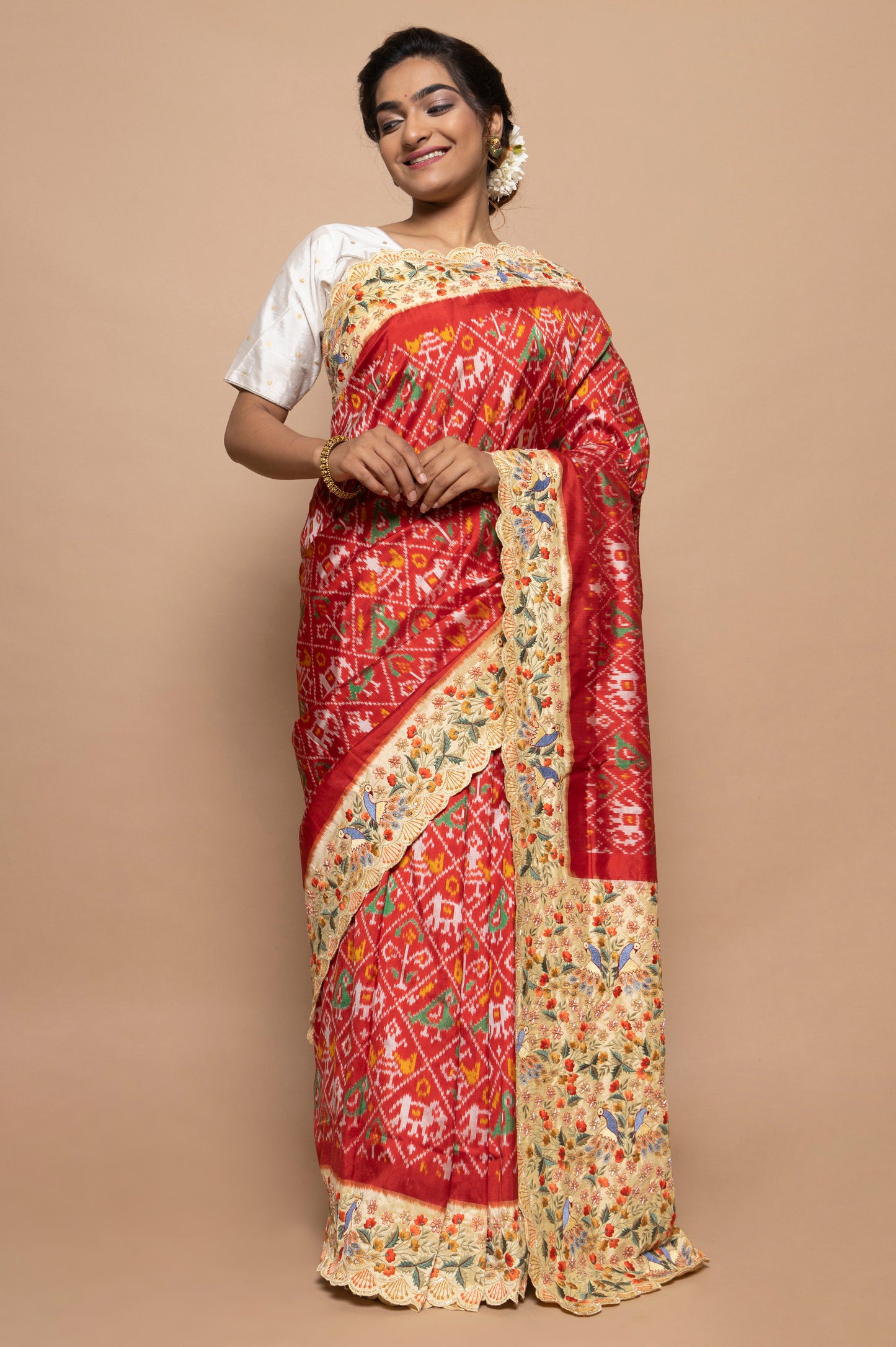 Pochampally Silk Ikat Red Saree With Embroidery Scallop Border