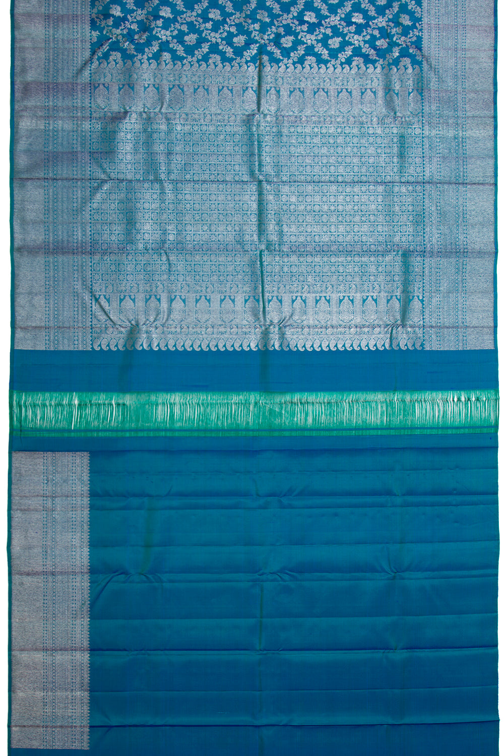 Kanchipuram Silk Jaal And Butta Teal Blue Saree