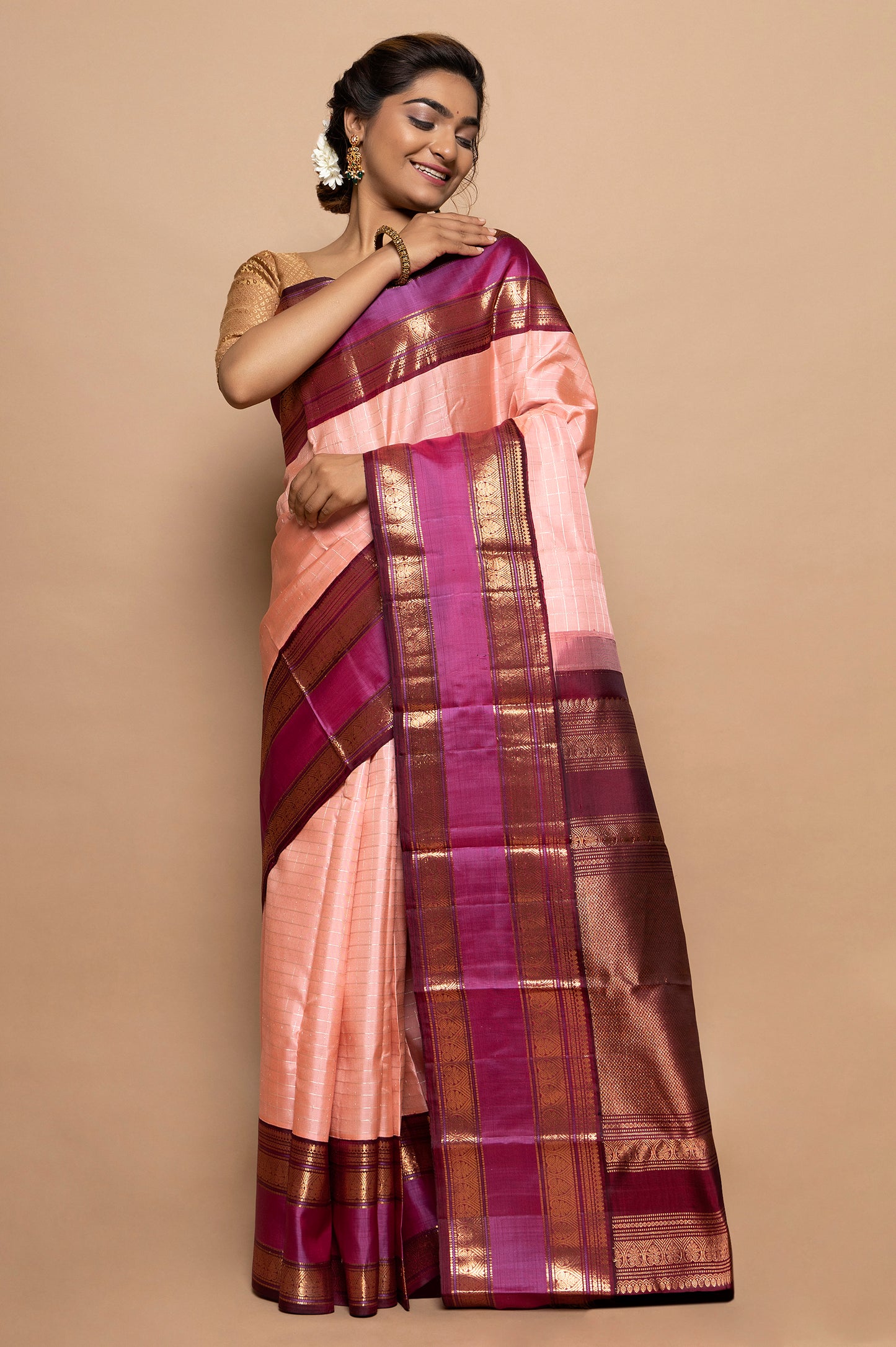 Kanchipuram Silk Checks Peach Saree