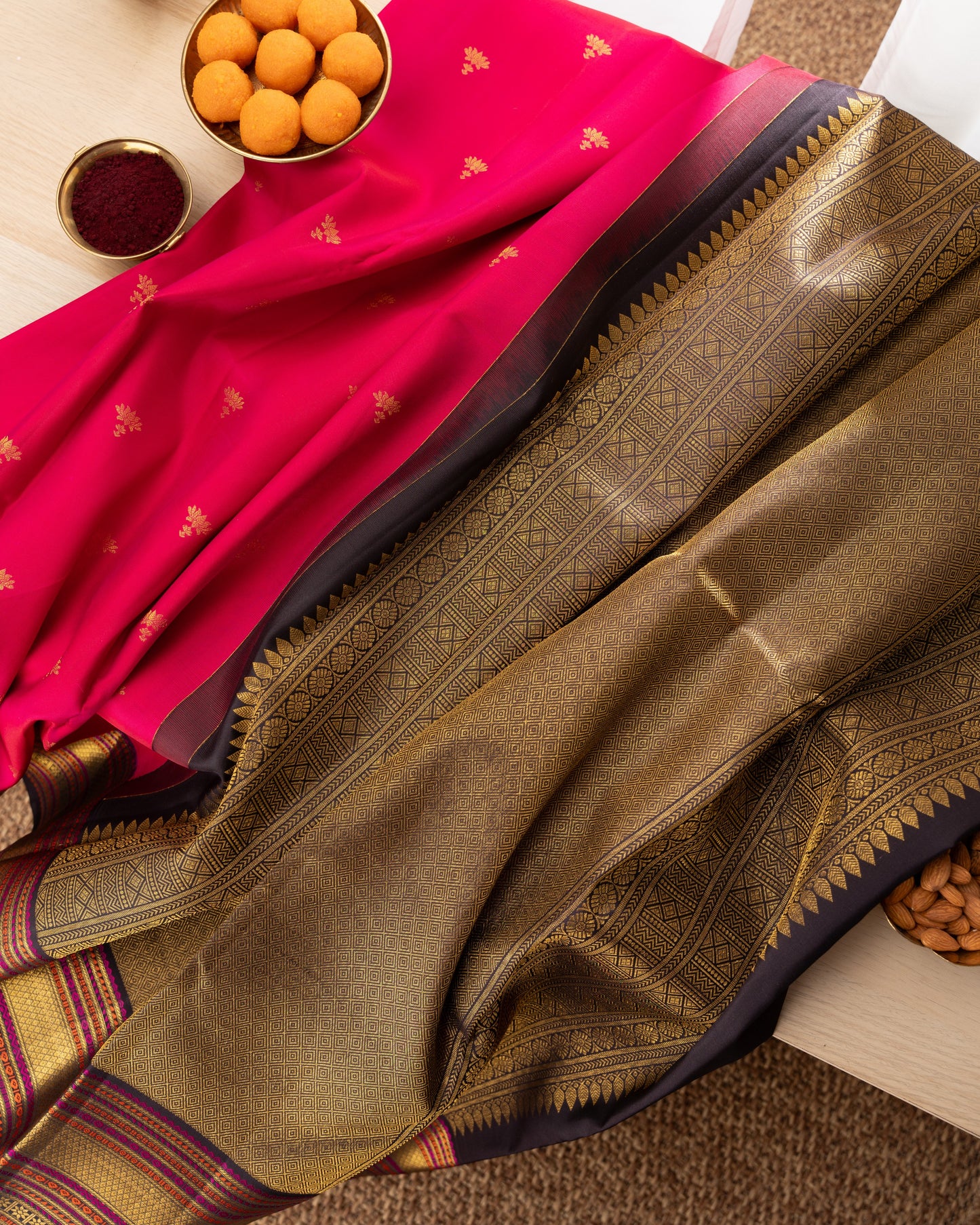 Kanchipuram Silk Lotus Butta Pink Saree With Rakhi and Gift Box