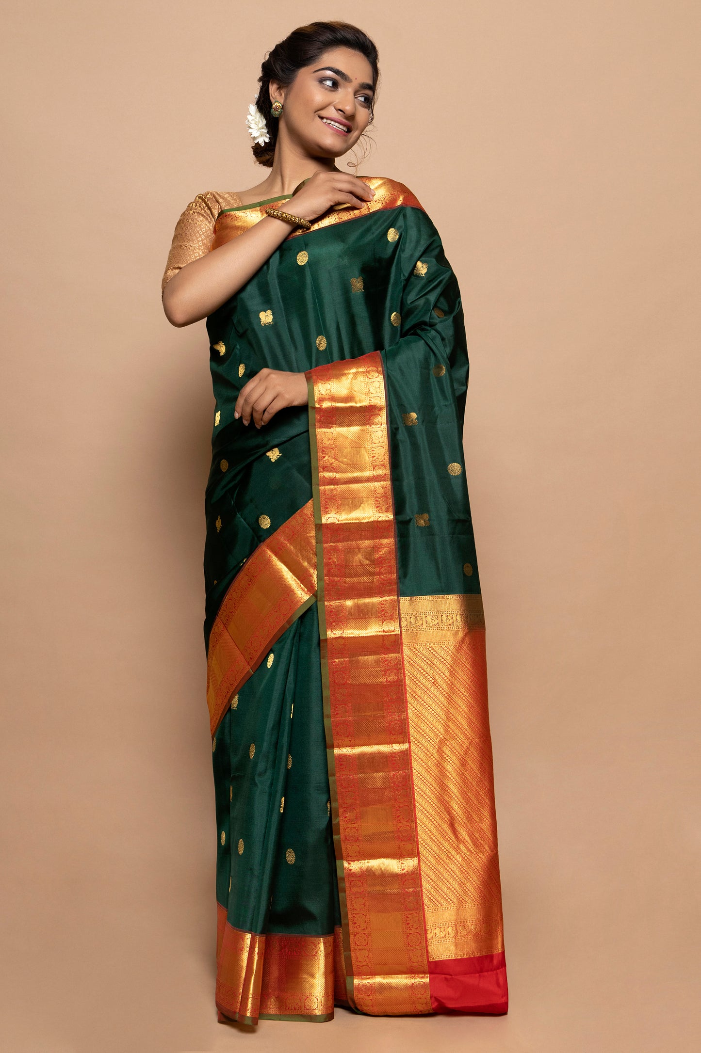Kanchipuram Silk Butta Bottle Green Saree