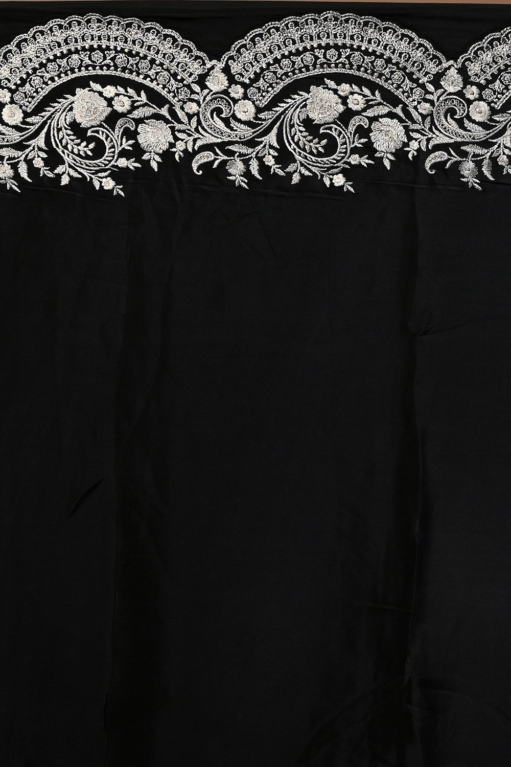 Satin Floral Printed Black Saree With Scallop Border