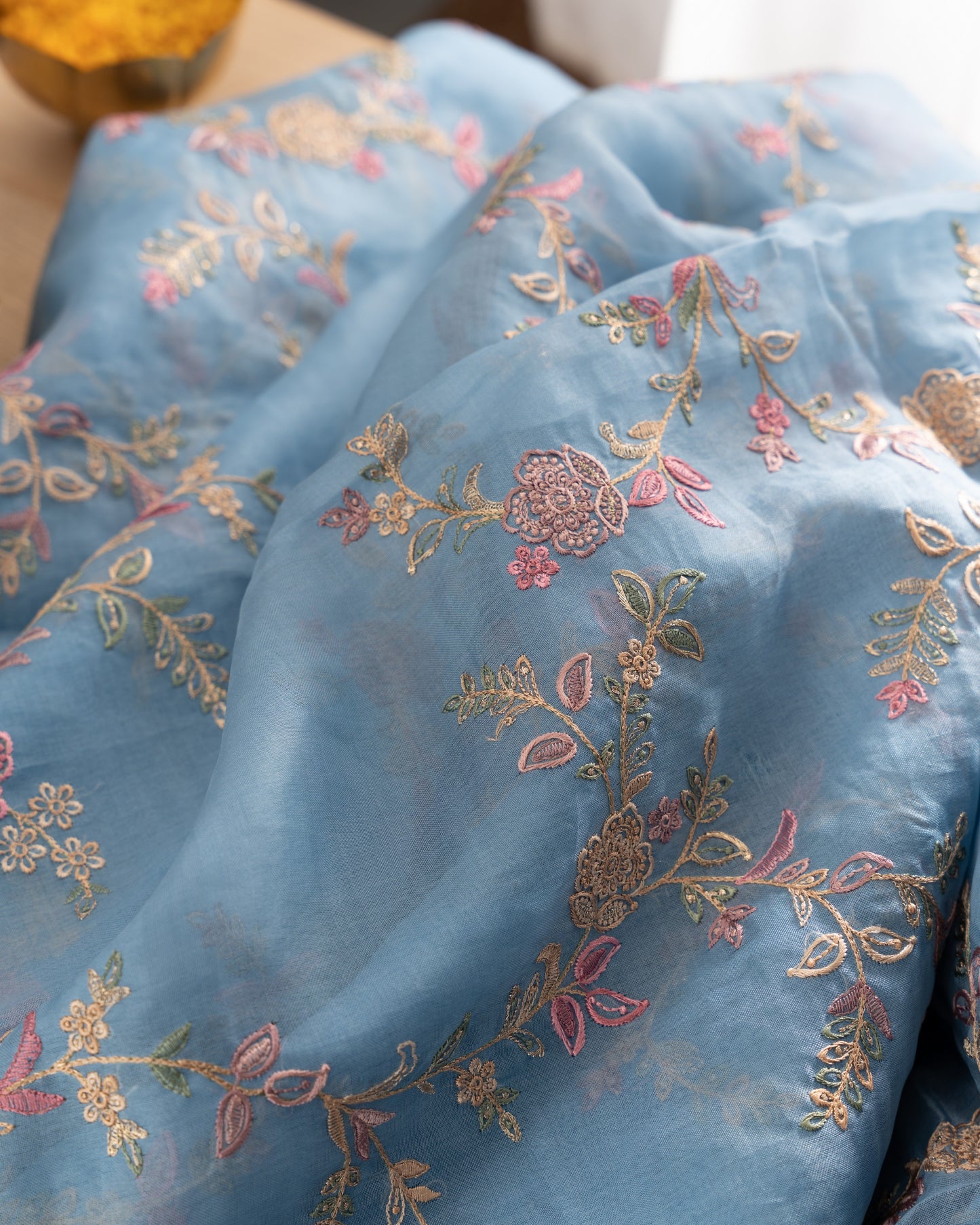 Organza Floral Embroidery Blue Saree With Scallop Border With Rakhi And Gift Box