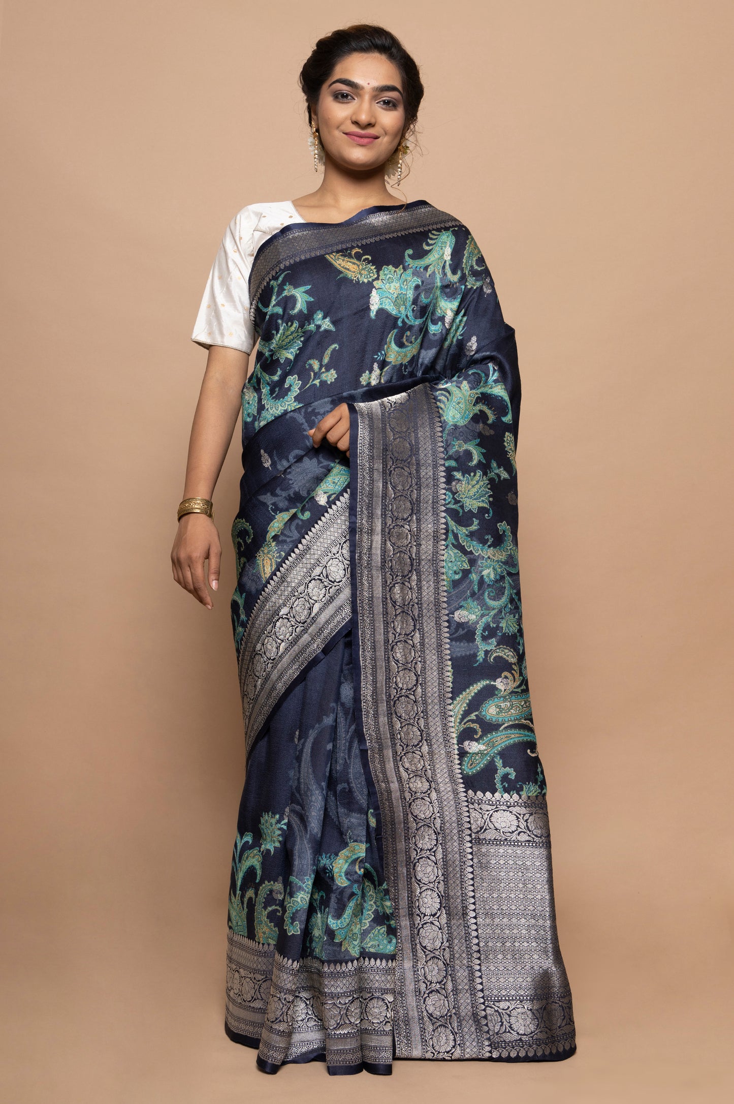 Tussar Floral Printed Dark Blue Saree