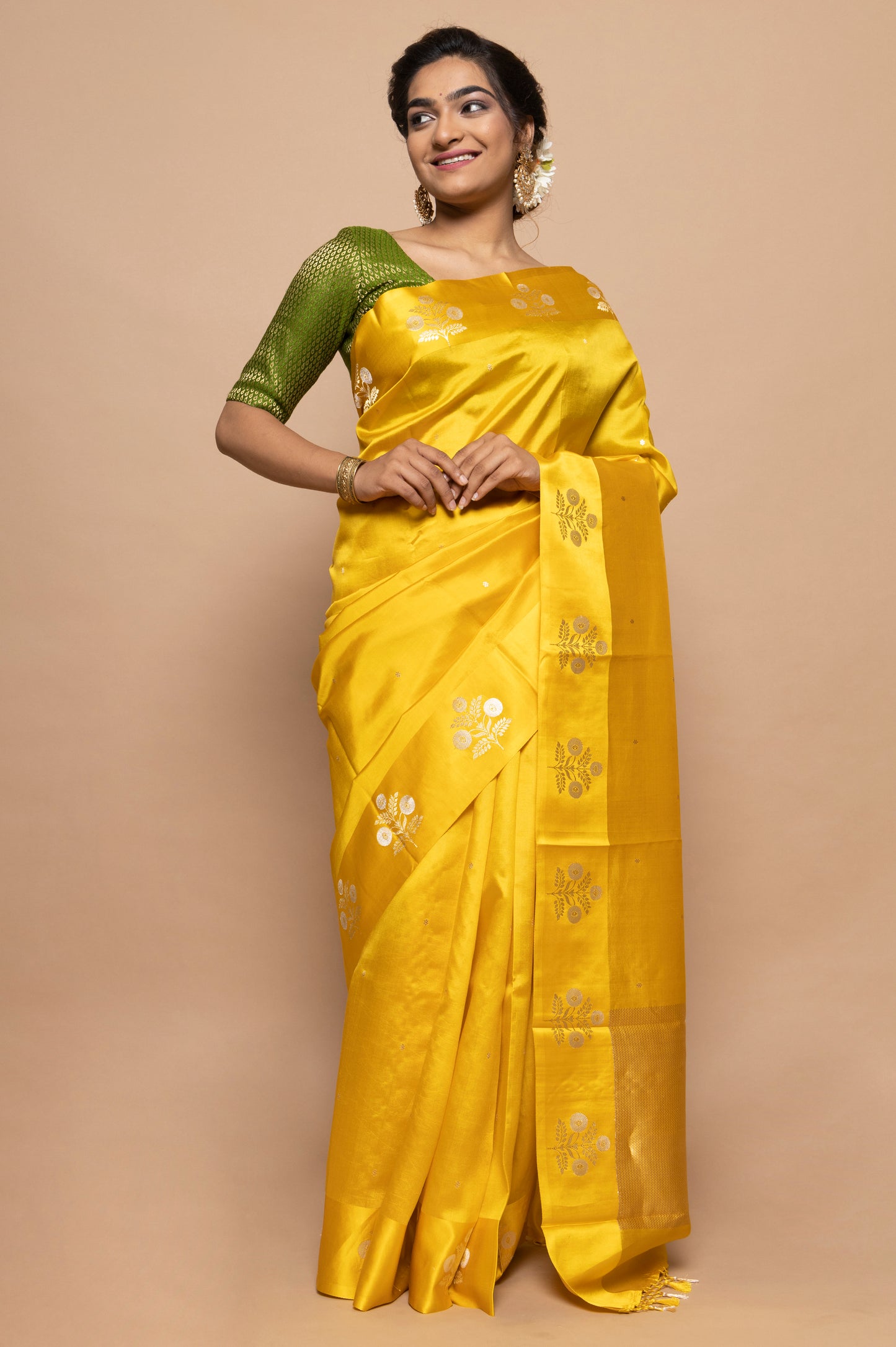 Banarasi Silk Katan Butta Yellow Saree