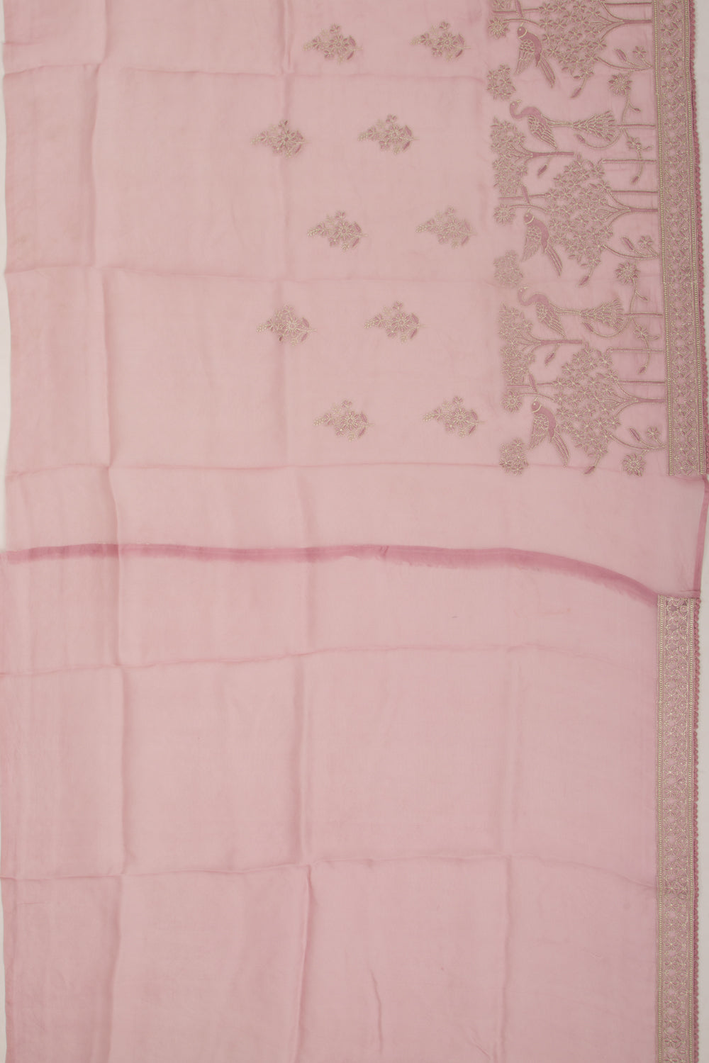 Organza Floral Embroidery Butta Baby Pink Saree