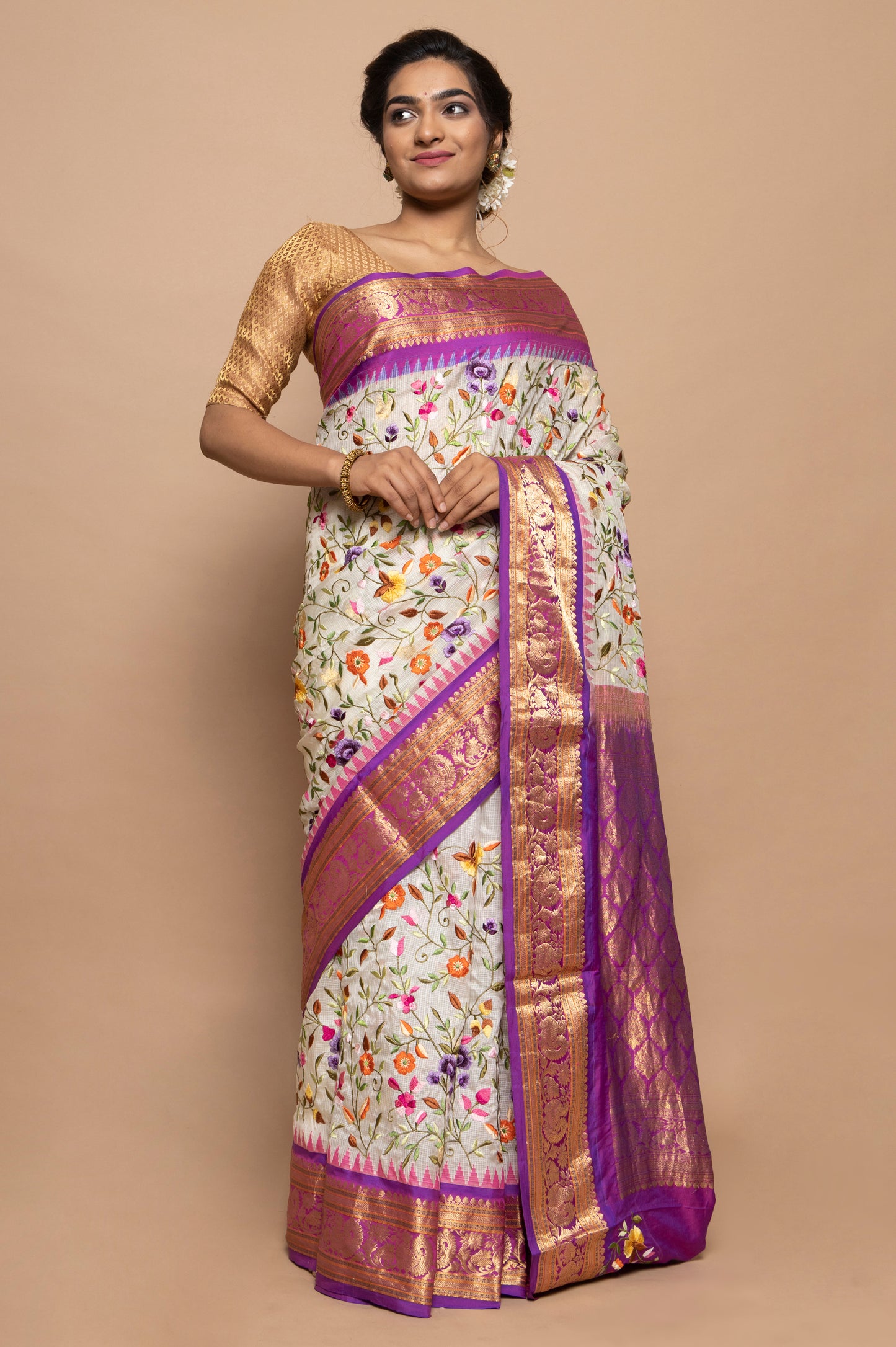 Kota Silk Embroidery White Saree With Kanchi Border