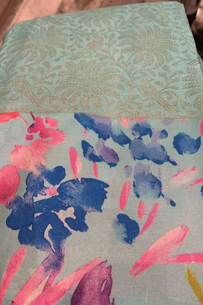 Kanchipuram Silk Jaal Blue Saree With Floral Print Border