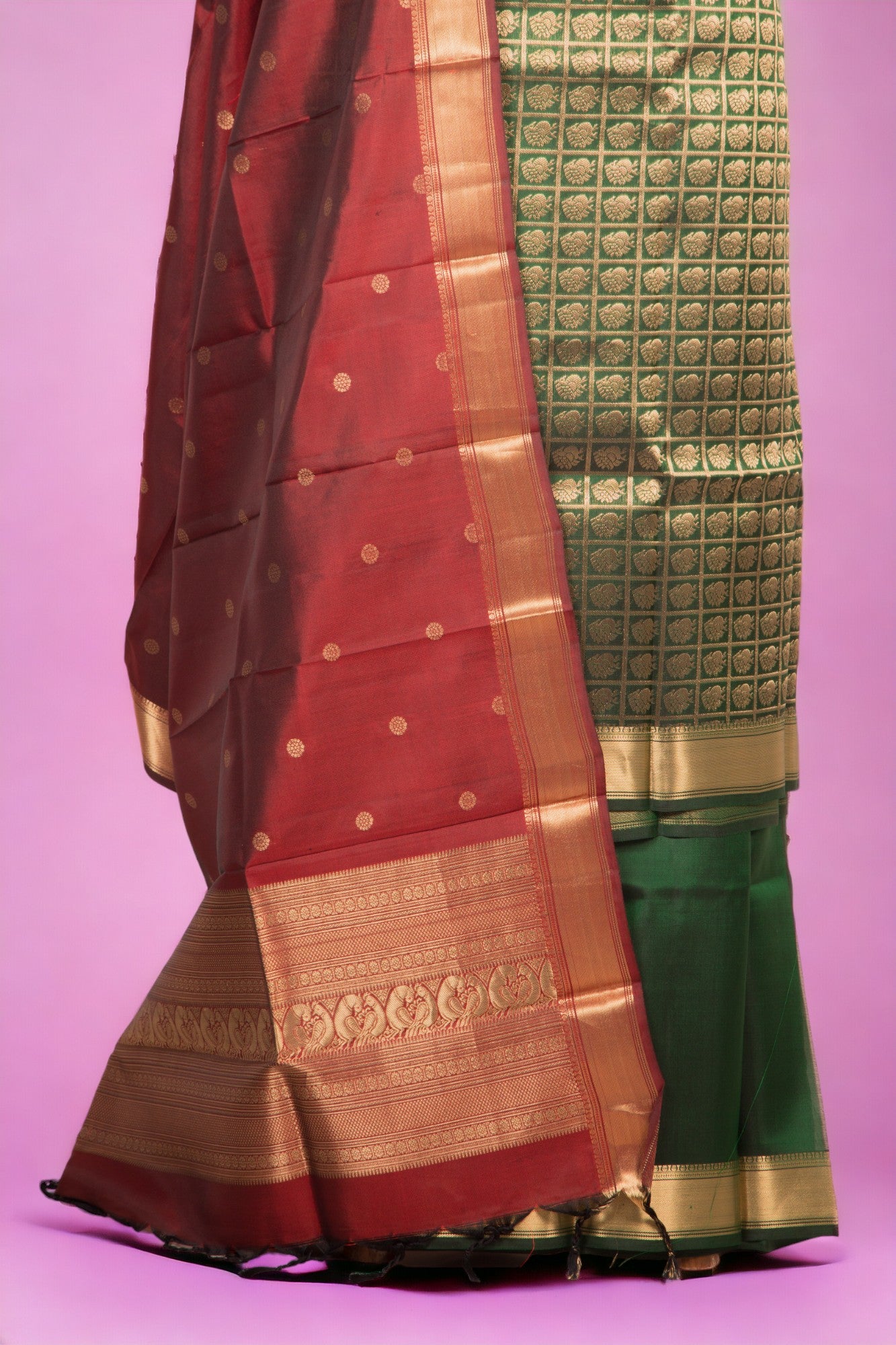 Banarasi Silk Checks And Butta Bottle Green Salwar Suit Set