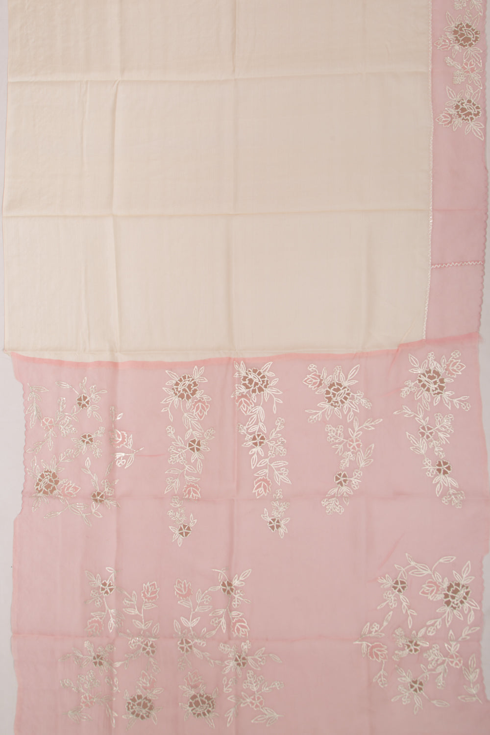 Tussar Plain Cream Saree With Organza Scallop Border