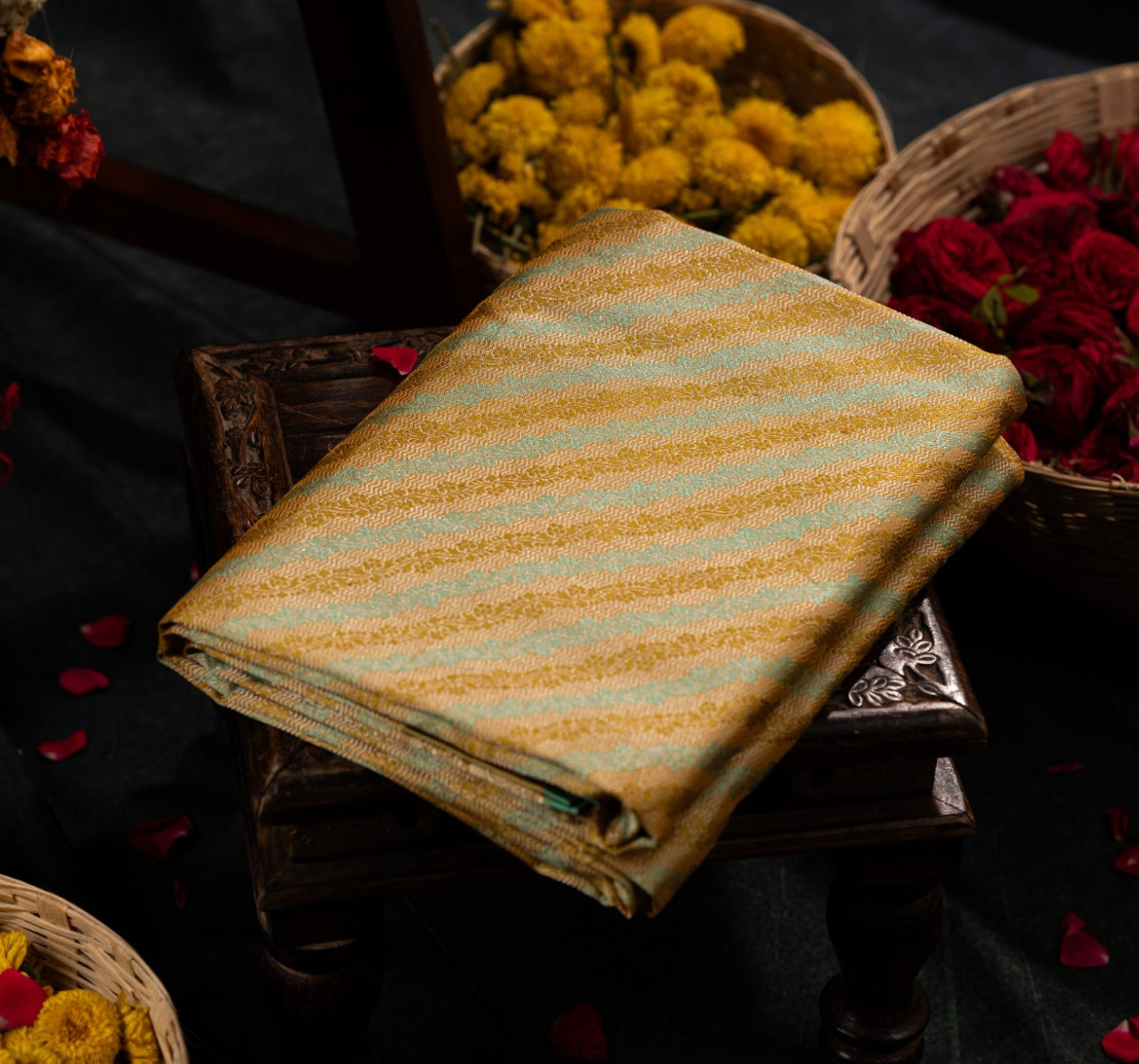 Banarasi Silk Tissue Leheriya Gold Saree