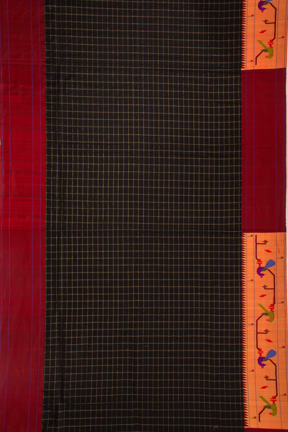 Paithani Silk Checks Black Saree With Akruthi Border