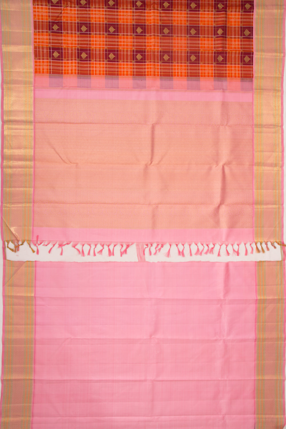 Kanchipuram Silk Checks And Butta Orange Saree