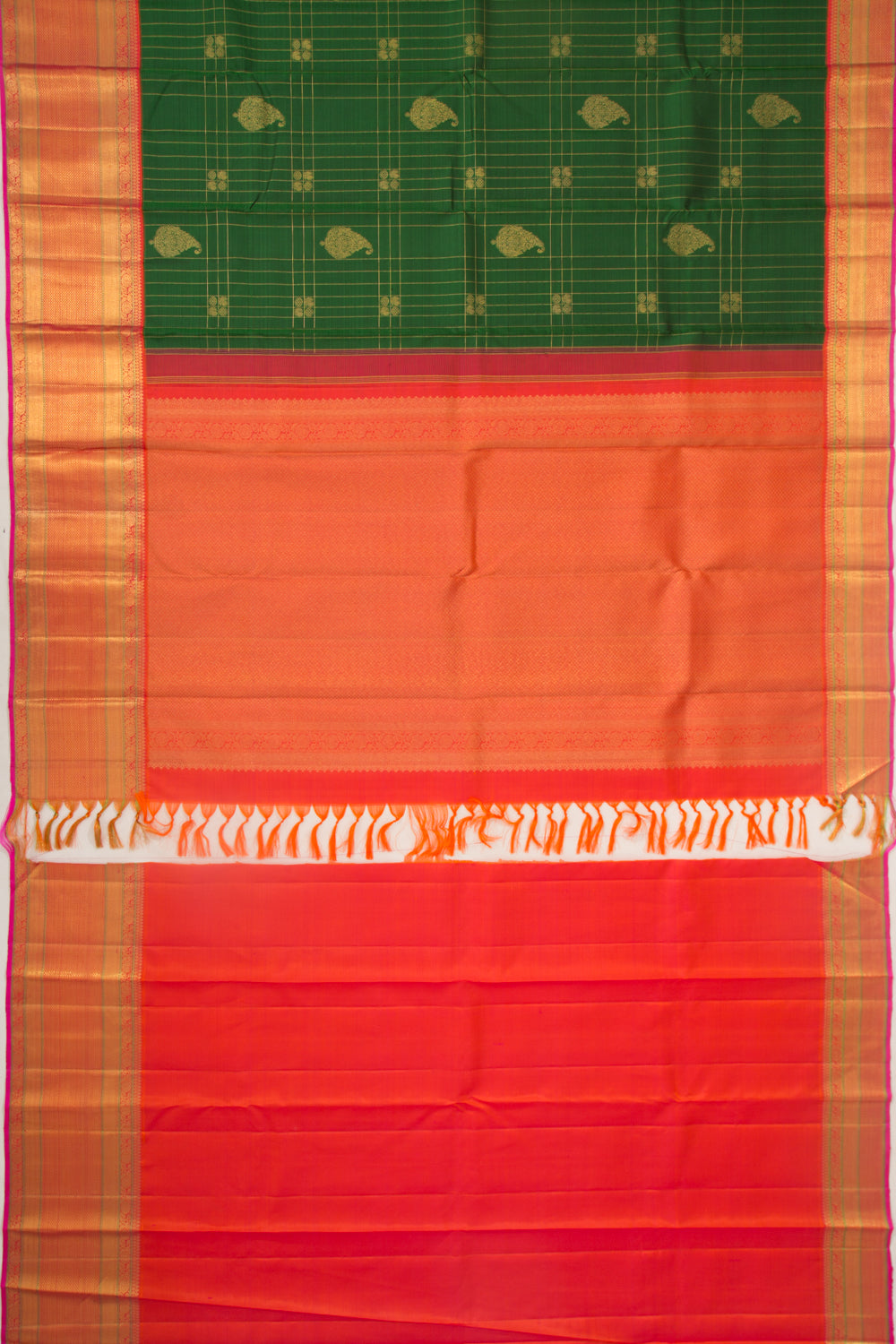 Kanchipuram Silk Checks And Butta Dark Green Saree